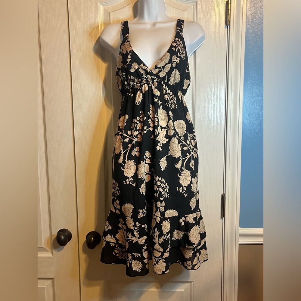 Luna Jaguar Women's Black & Tan Floral Printed Midi Dress‎ - Size S/M 🌿🖤✨